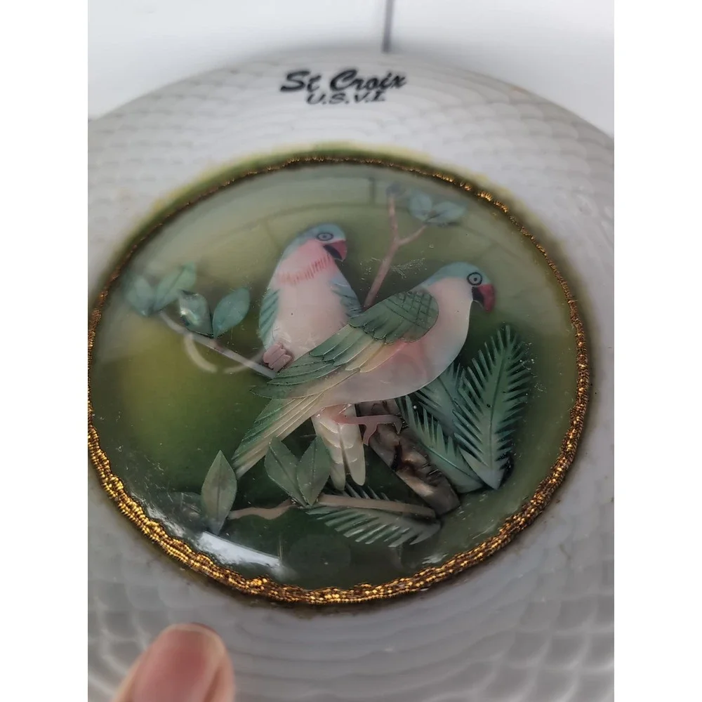 Vintage St. Croix Set Of 3 Plates Souvenir 3D Bubble Glass Mother Of Pearl Birds